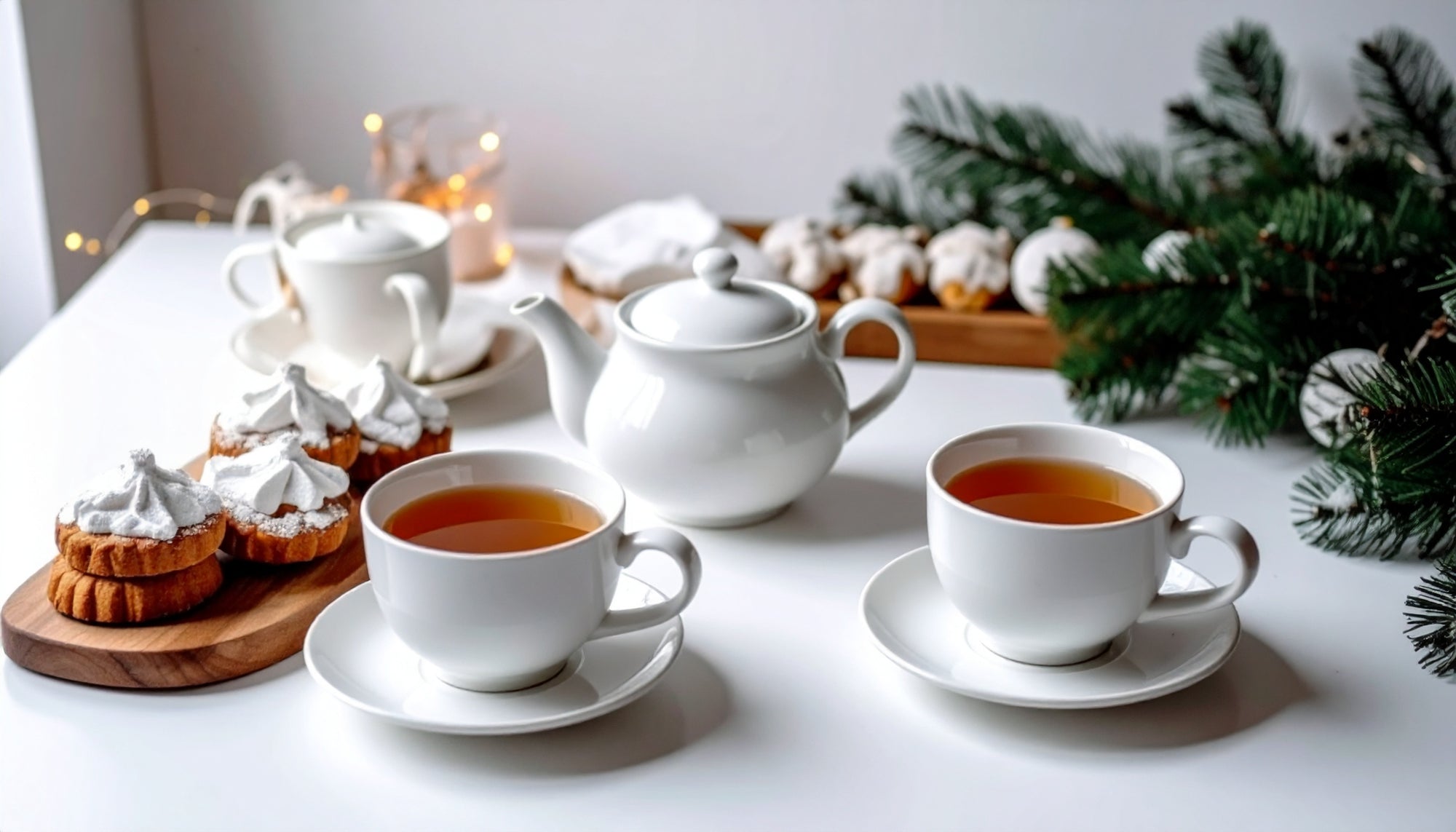 Tea set with cups, teapot, and cookies on a white surface with Christmas decorations.