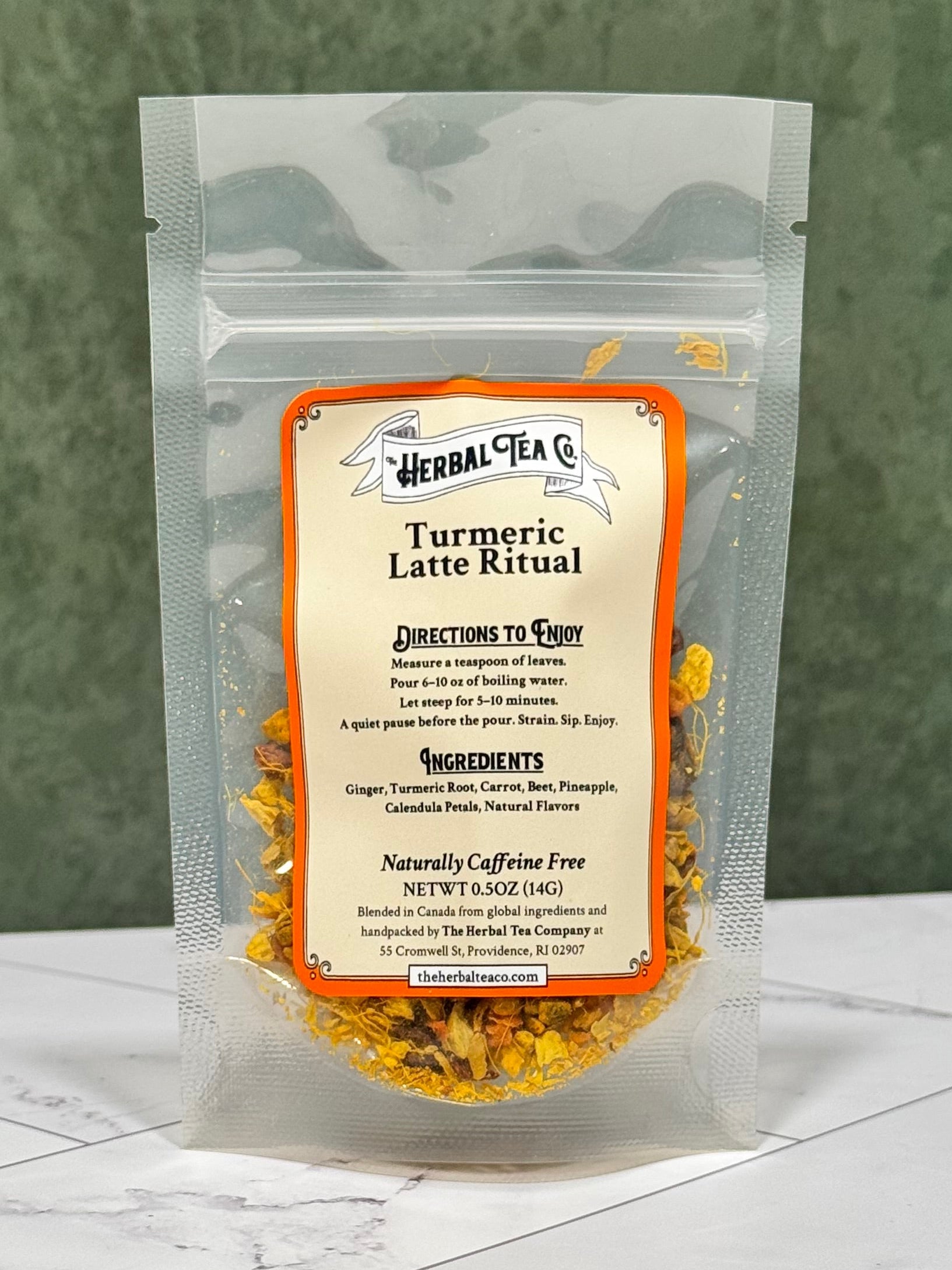  “Turmeric Latte Ritual taster in a clear resealable pouch showing the herbal blend, ingredients, and brewing directions.”