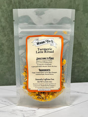  “Turmeric Latte Ritual taster in a clear resealable pouch showing the herbal blend, ingredients, and brewing directions.”