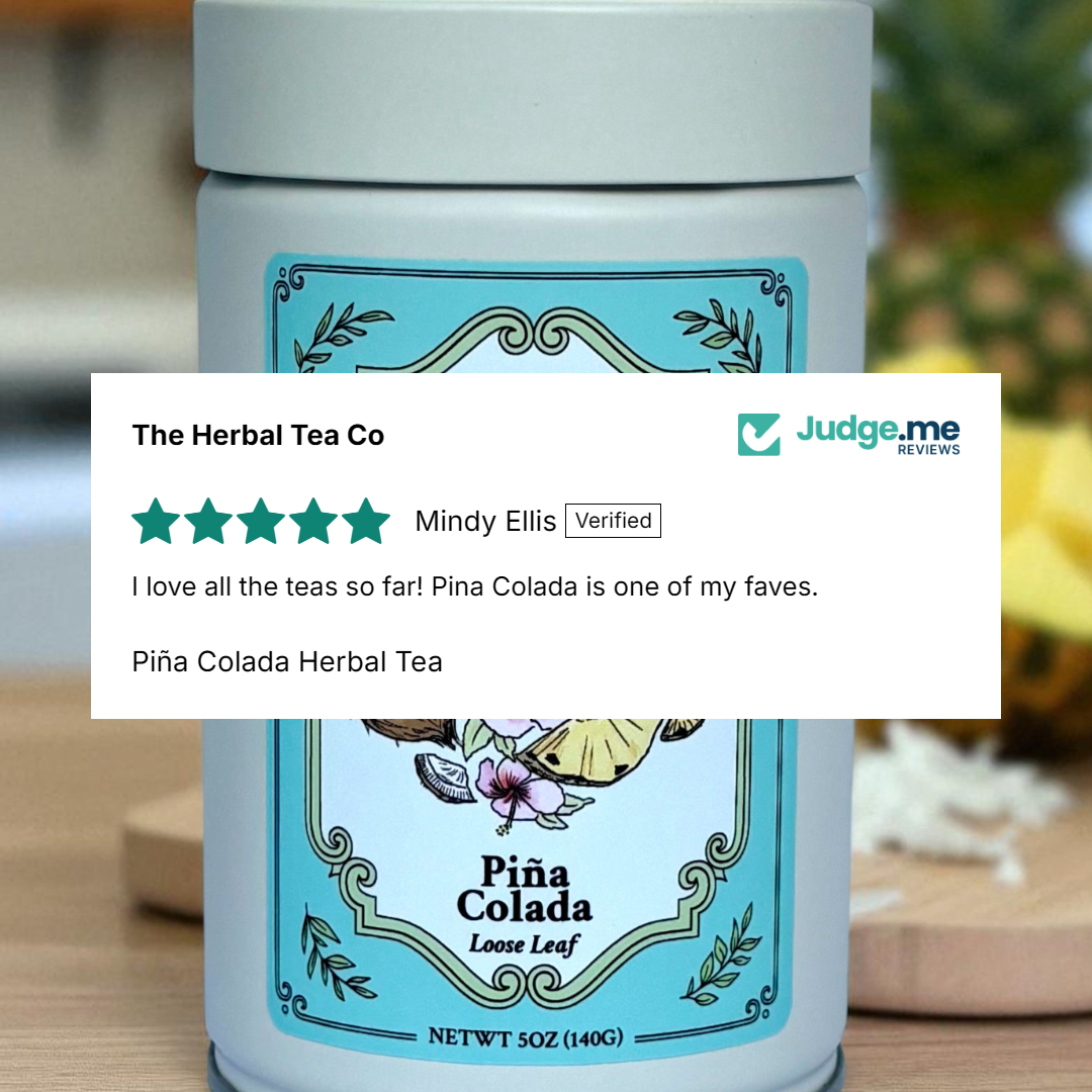Pina Colada herbal tea canister with a 5-star customer review overlay