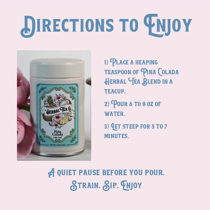 Tea canister with label and brewing instructions on a light purple background