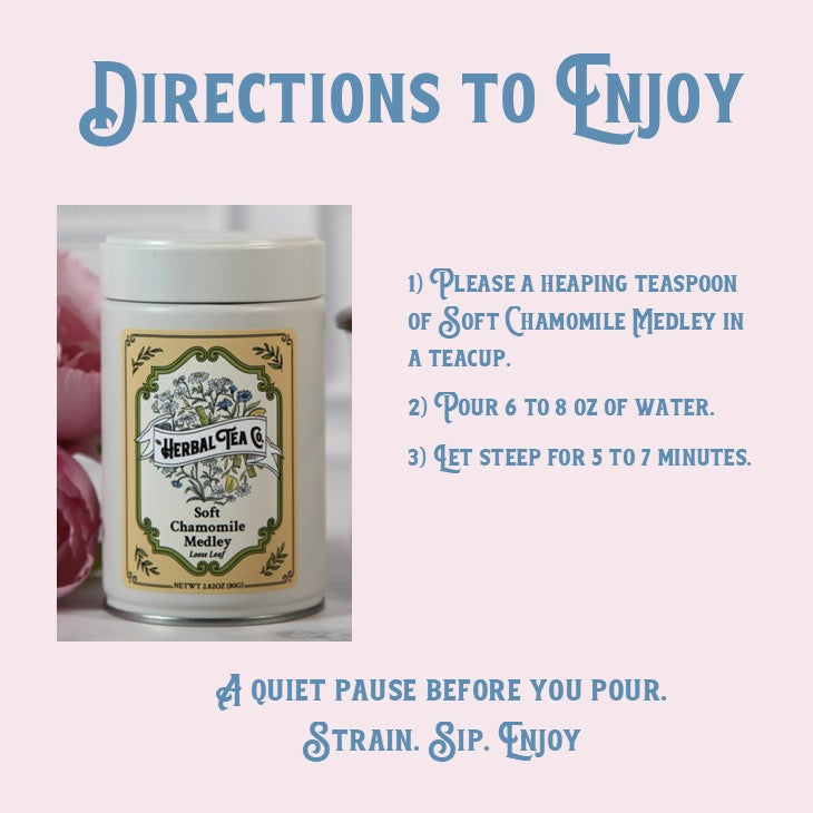 Herbal tea canister with brewing instructions on a light background