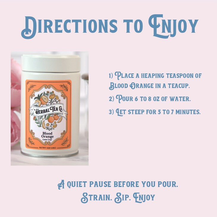 Herbal tea canister with label and brewing instructions on a light pink background