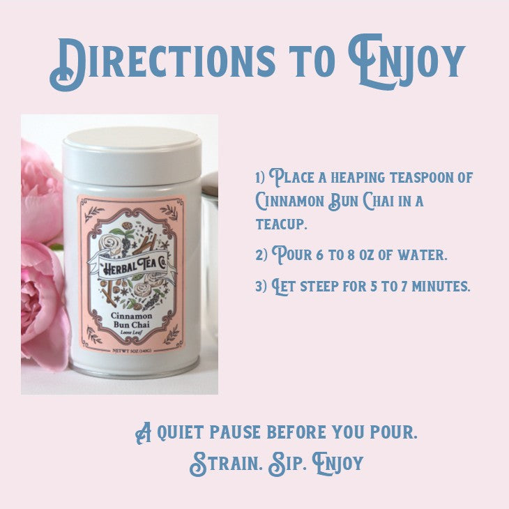 Cinnamon Bun Chai herbal tea canister with brewing instructions on a light background