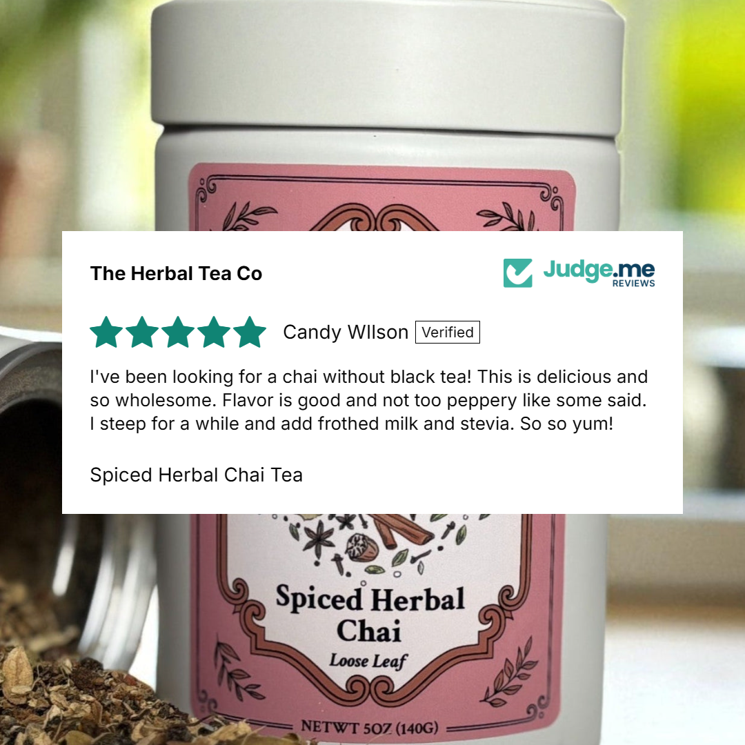 Spiced Herbal Chai tea packaging with a review from Judge.me
