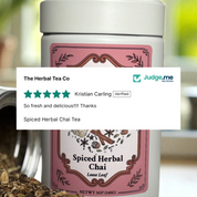 Spiced Herbal Chai tea canister with a five-star rating overlay from 'Judge me' and customer review.
