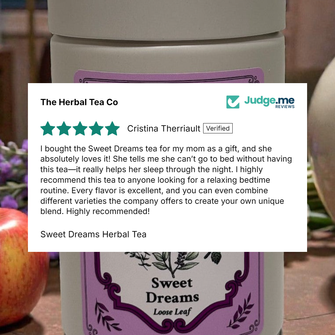 Sweet Dreams Herbal Tea packaging with a five-star Judge.me review overlay