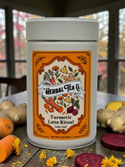 “Turmeric Latte Ritual tea tin surrounded by ginger, turmeric, sliced beet, and yellow flowers on a wooden table.”

