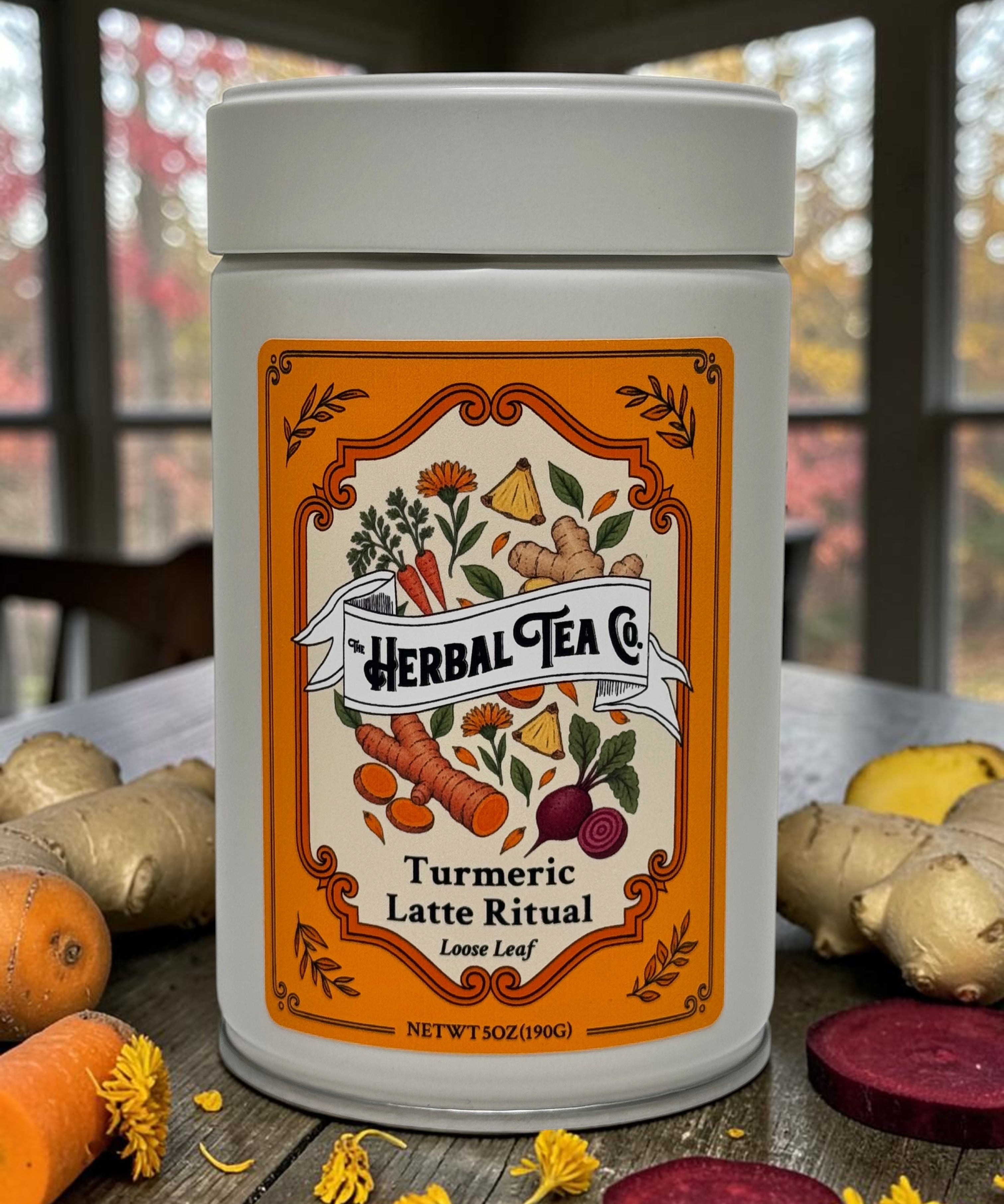 “Turmeric Latte Ritual tea tin surrounded by ginger, turmeric, sliced beet, and yellow flowers on a wooden table.”
