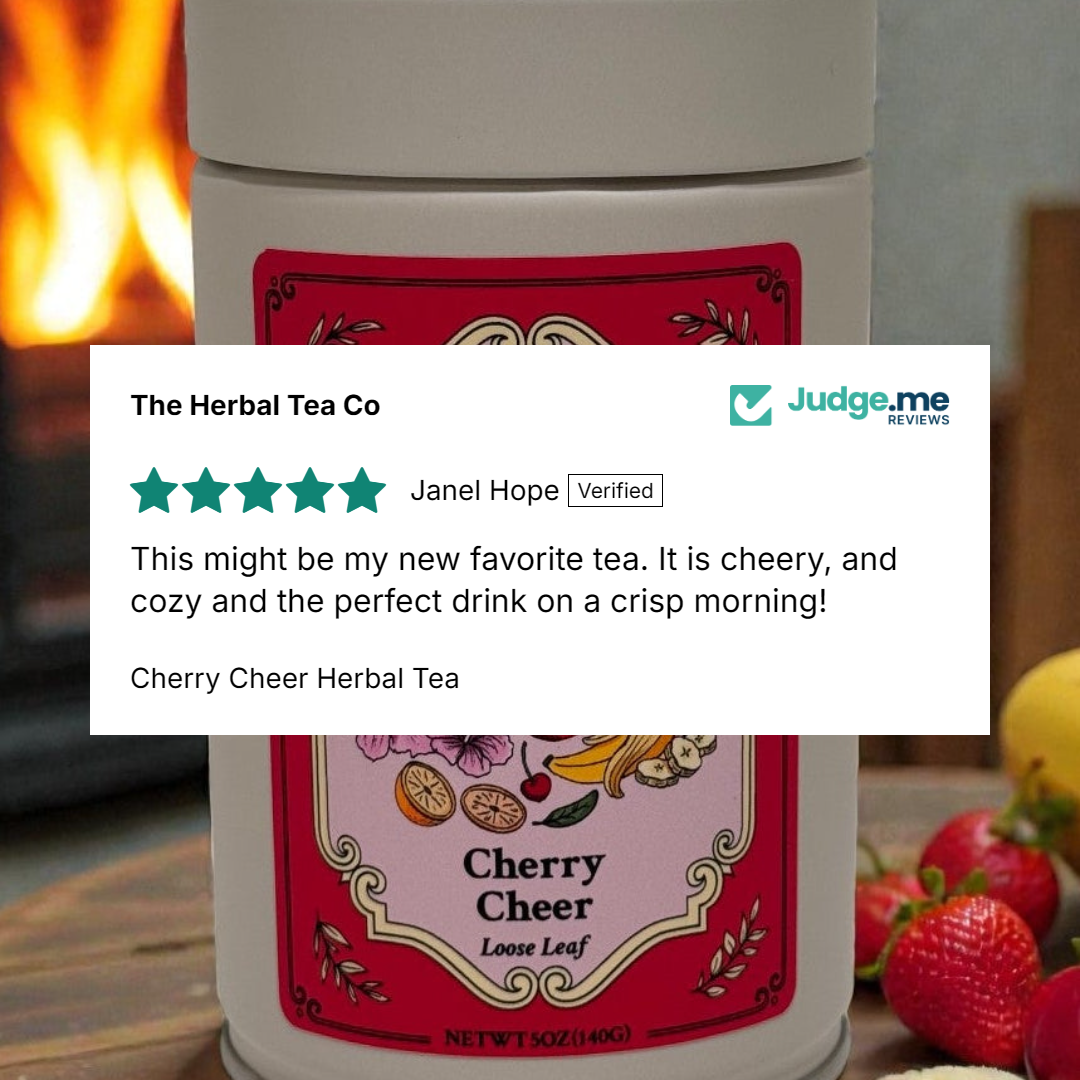 Cherry Cheer Herbal Tea can with a positive five-star review from Judge.me displayed on top