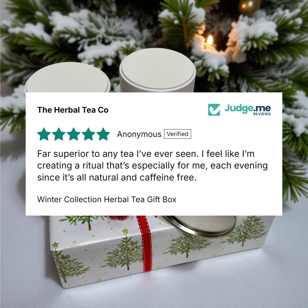 Herbal tea gift box with a five-star review on a snowy background